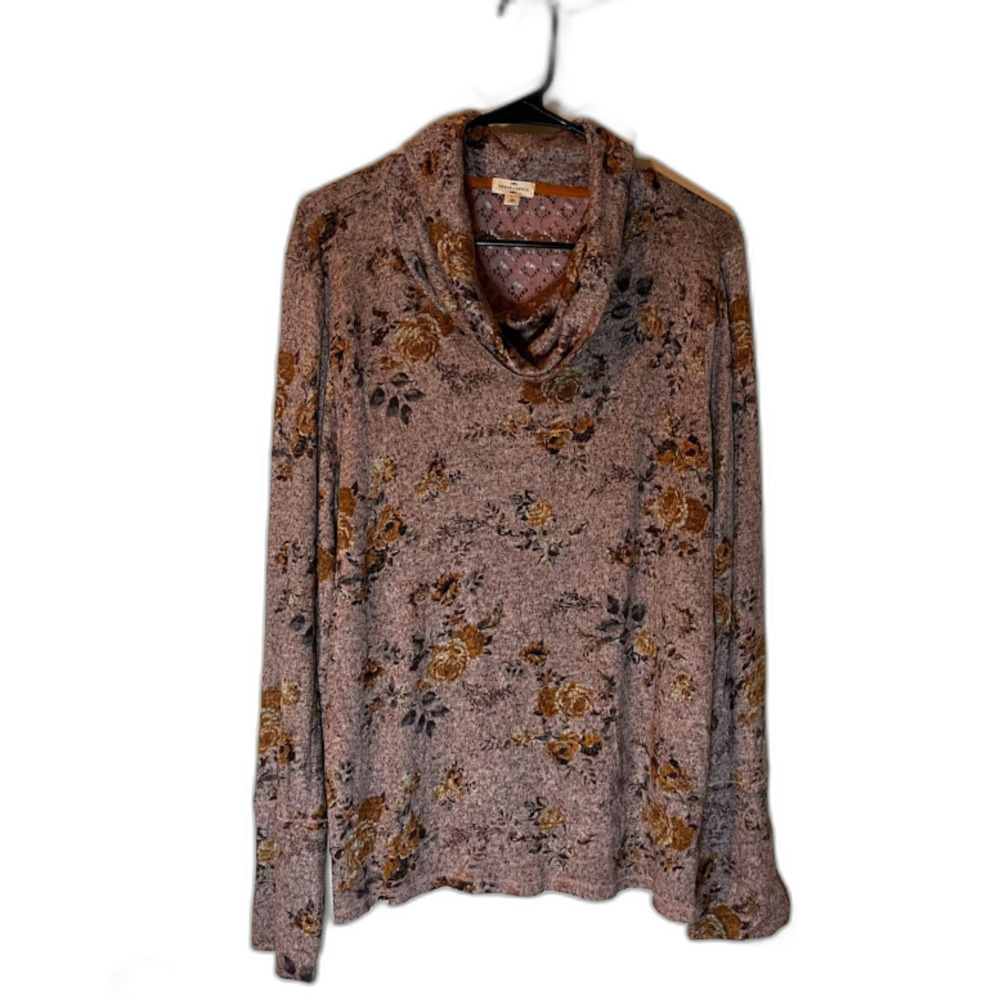 Mason & Belle Top L Cowl Neck Mauve Roses Print Lace Long Sleeve Cottagecore Boh